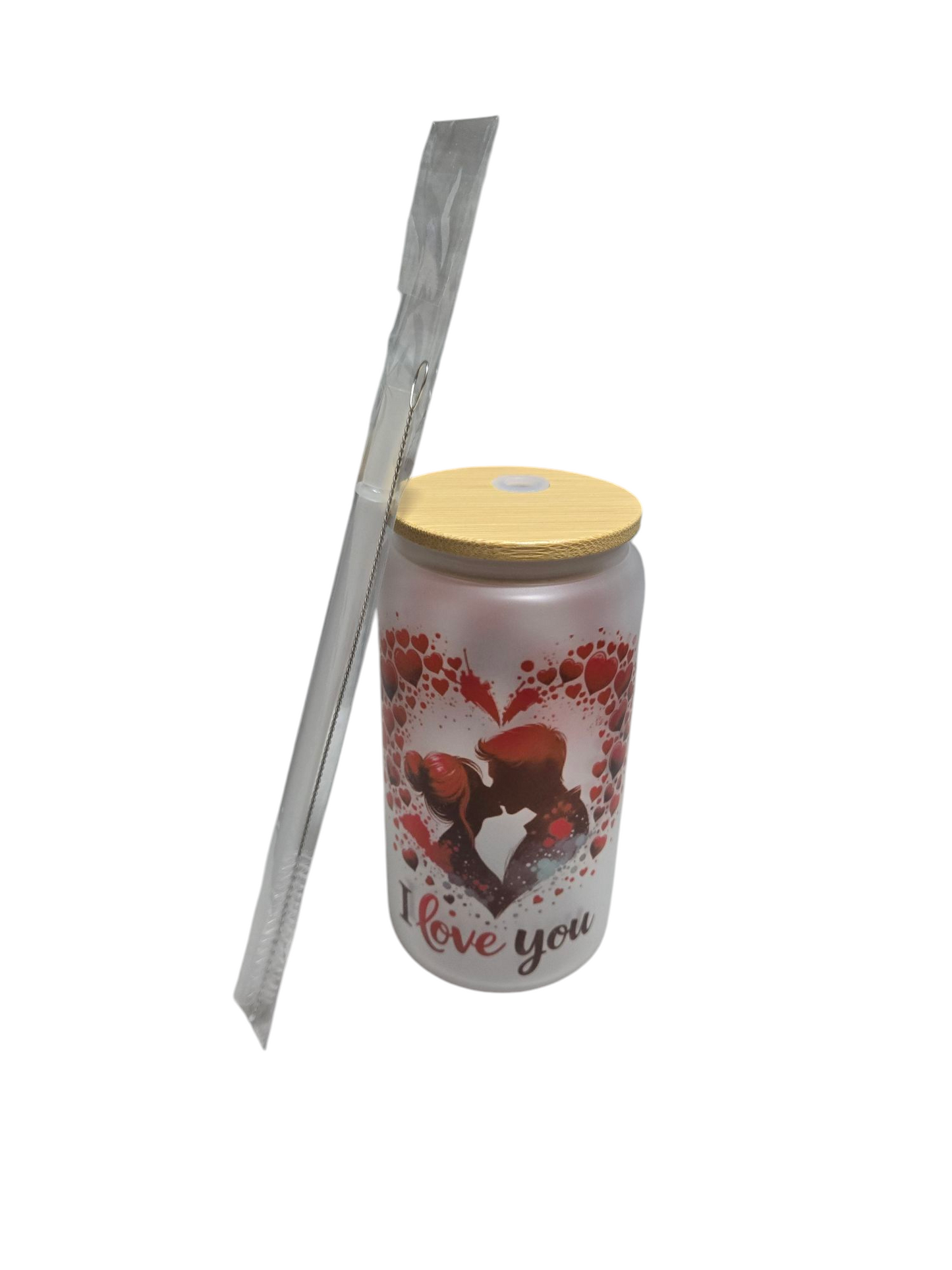 Pot en verre givré avec paille I love you